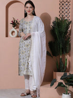 Thumbnail for Jyoti Fashion Women's Off White Cotton Floral Digital Printed Kurta with Trouser & Dupatta - Distacart