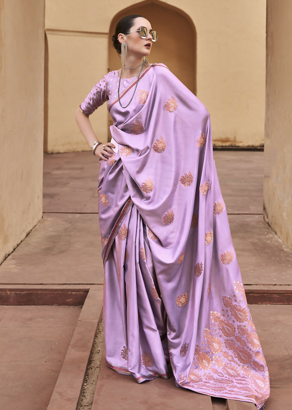Lilac Purple Pure Satin Zari Weaving Wedding Festive Saree - Emponline - Distacart