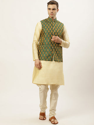 Jompers Men's Woven Design Nehru Jacket and Kurta Pyjama Set - Green - Distacart
