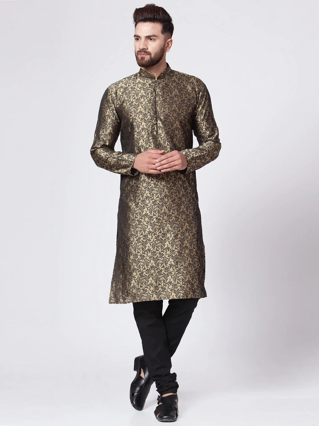 Jompers Men's Golden & Black Self Design Kurta with Churidar - Distacart