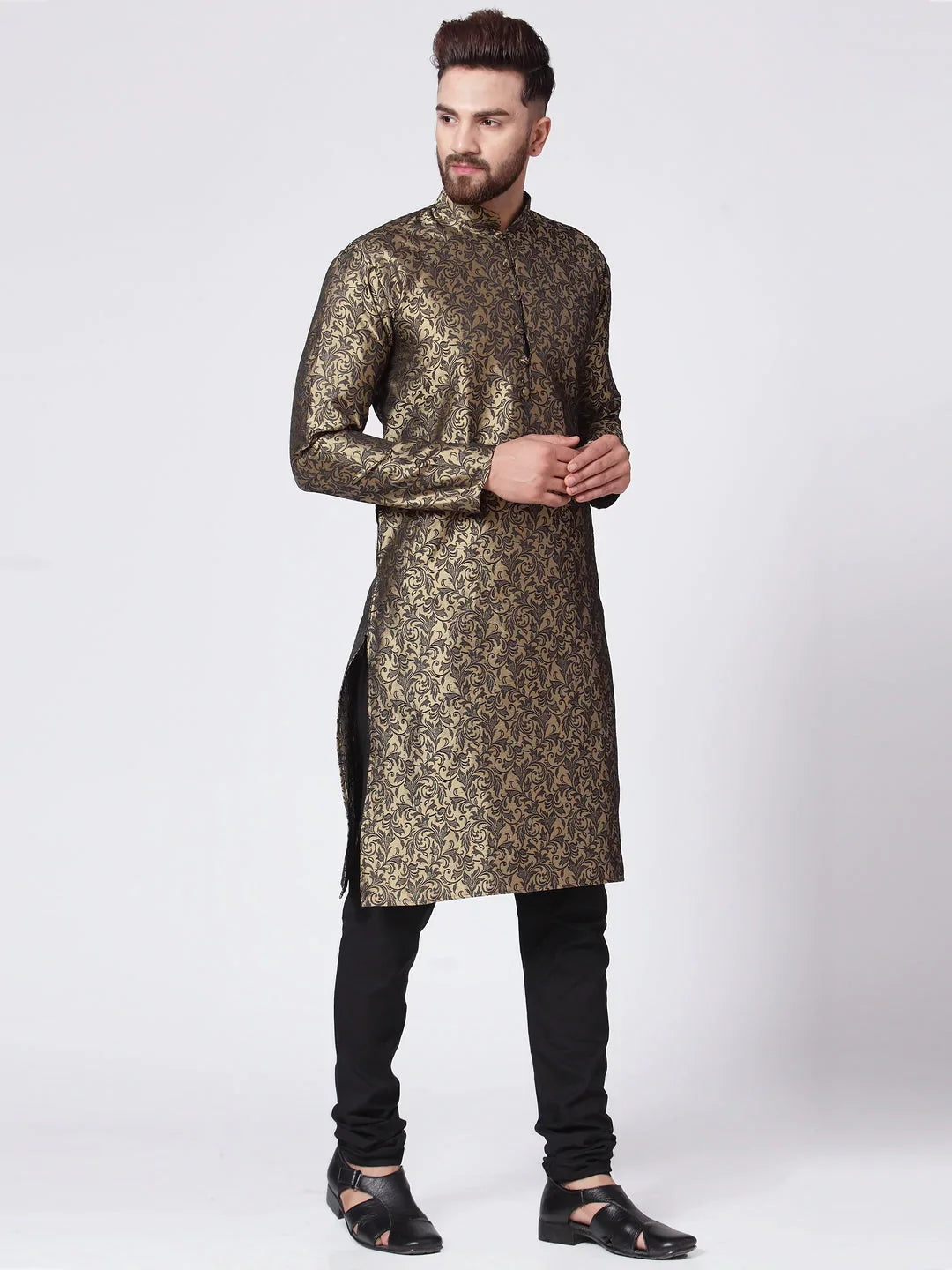 Jompers Men's Golden & Black Self Design Kurta with Churidar - Distacart