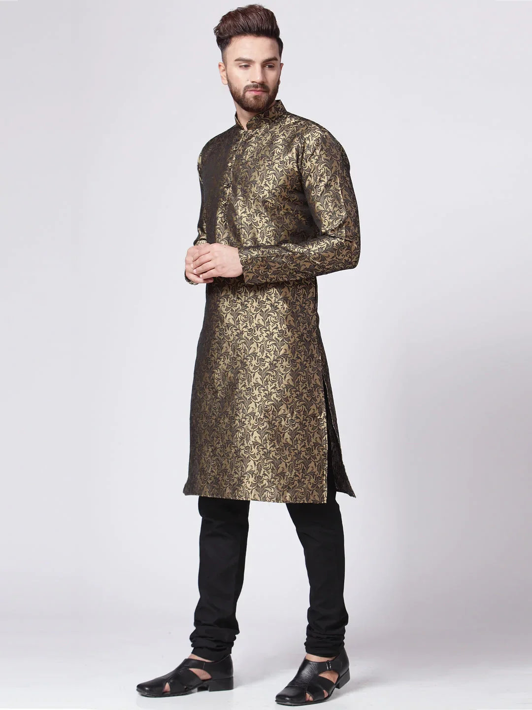 Jompers Men's Golden & Black Self Design Kurta with Churidar - Distacart