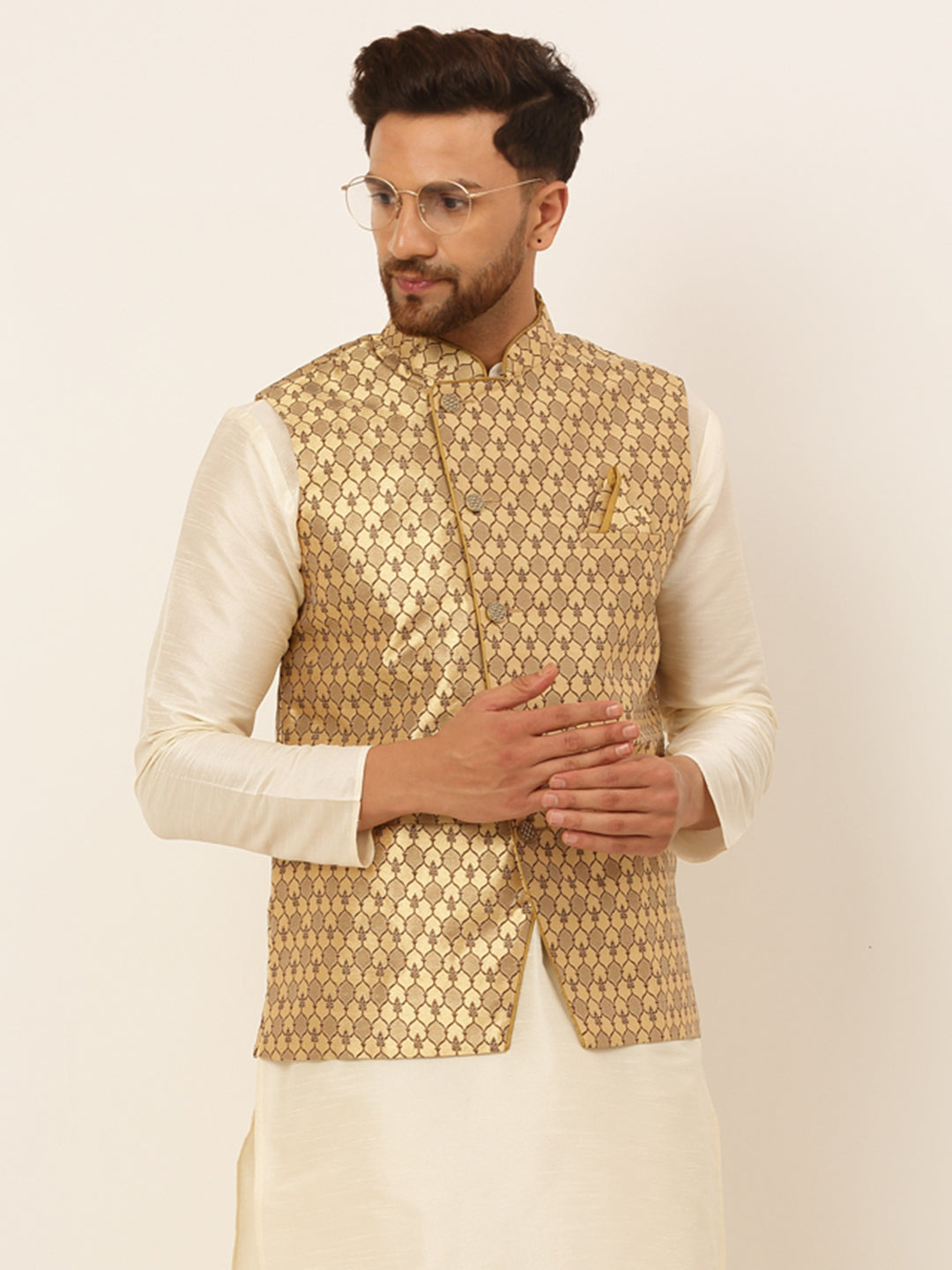 Jompers Men's Woven Design Waistcoat - Golden - Distacart