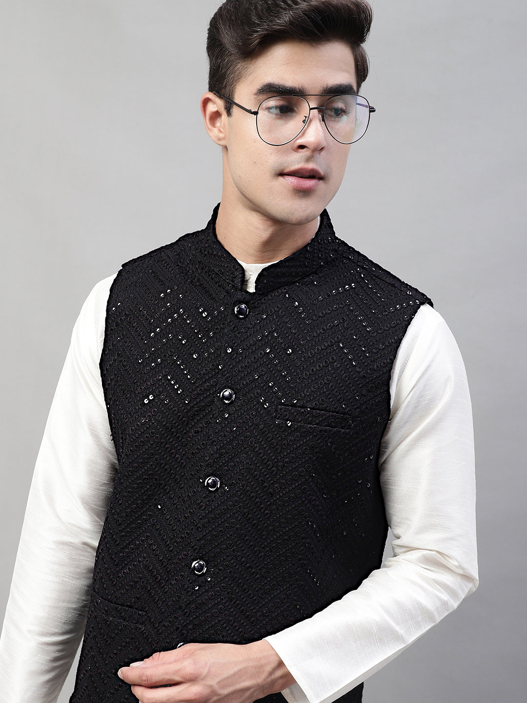 Jompers Men's Sequins Embroidered Rayon Nehru Jacket - Black - Distacart