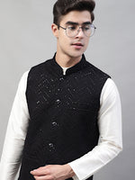 Thumbnail for Jompers Men's Sequins Embroidered Rayon Nehru Jacket - Black - Distacart