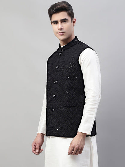 Jompers Men's Sequins Embroidered Rayon Nehru Jacket - Black - Distacart