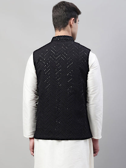 Jompers Men's Sequins Embroidered Rayon Nehru Jacket - Black - Distacart