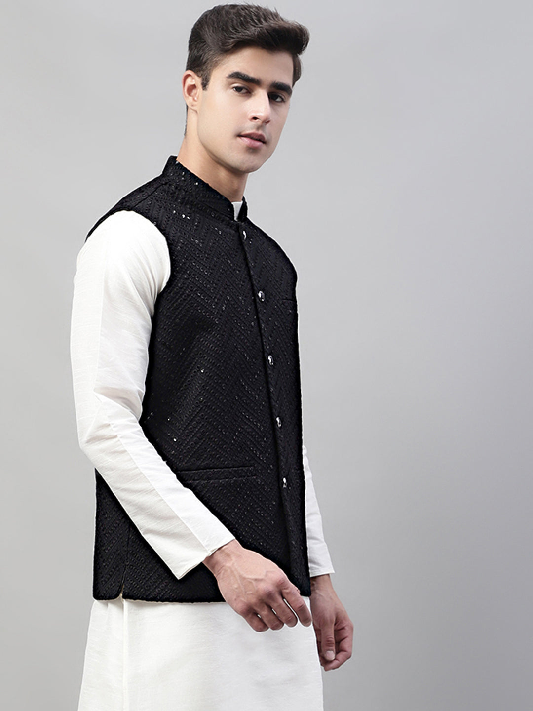 Jompers Men's Sequins Embroidered Rayon Nehru Jacket - Black - Distacart
