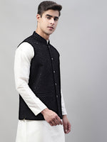 Thumbnail for Jompers Men's Sequins Embroidered Rayon Nehru Jacket - Black - Distacart