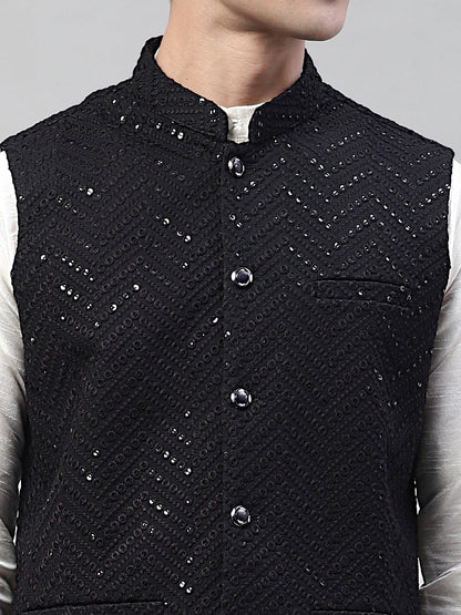 Jompers Men's Sequins Embroidered Rayon Nehru Jacket - Black - Distacart