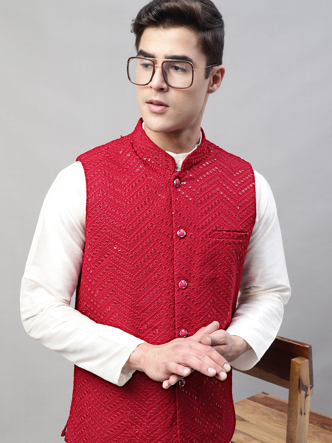 Jompers Men's Sequins Embroidered Rayon Nehru Jacket - Maroon - Distacart