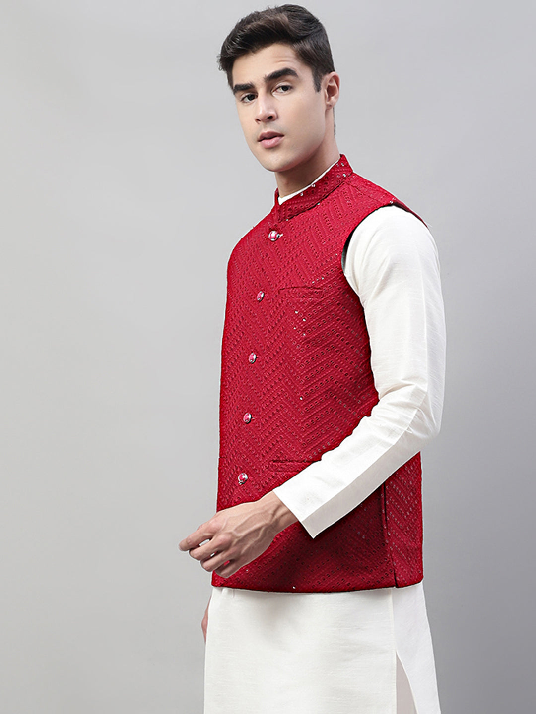 Jompers Men's Sequins Embroidered Rayon Nehru Jacket - Maroon - Distacart