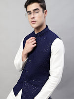 Thumbnail for Jompers Men's Sequins Embroidered Rayon Nehru Jacket - Navy Blue - Distacart