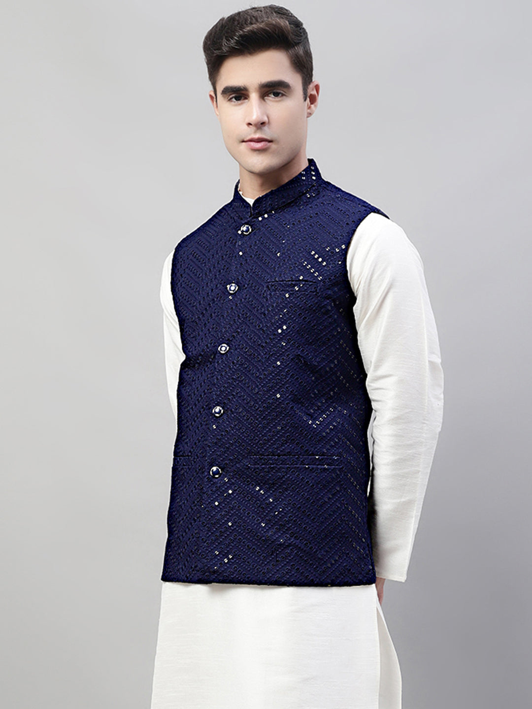 Jompers Men's Sequins Embroidered Rayon Nehru Jacket - Navy Blue - Distacart