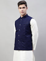 Thumbnail for Jompers Men's Sequins Embroidered Rayon Nehru Jacket - Navy Blue - Distacart