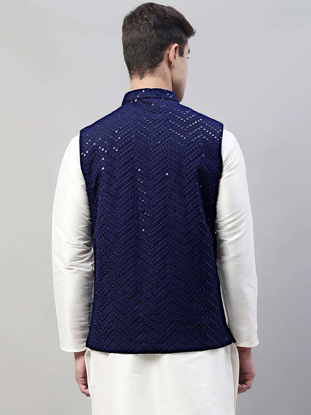 Jompers Men's Sequins Embroidered Rayon Nehru Jacket - Navy Blue - Distacart