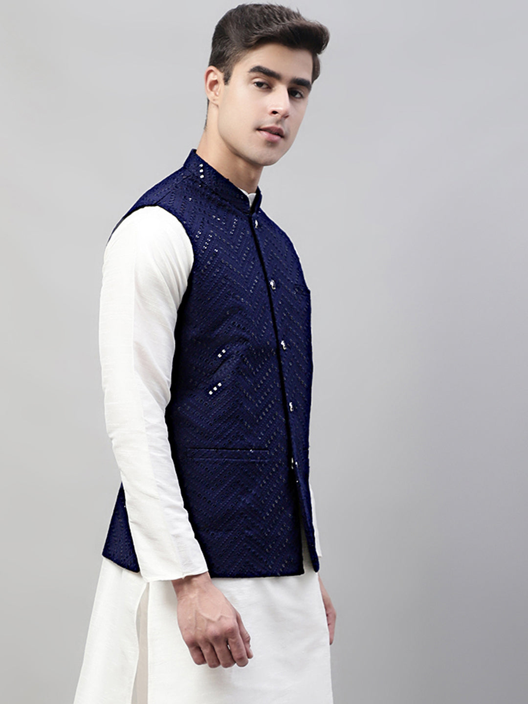 Jompers Men's Sequins Embroidered Rayon Nehru Jacket - Navy Blue - Distacart