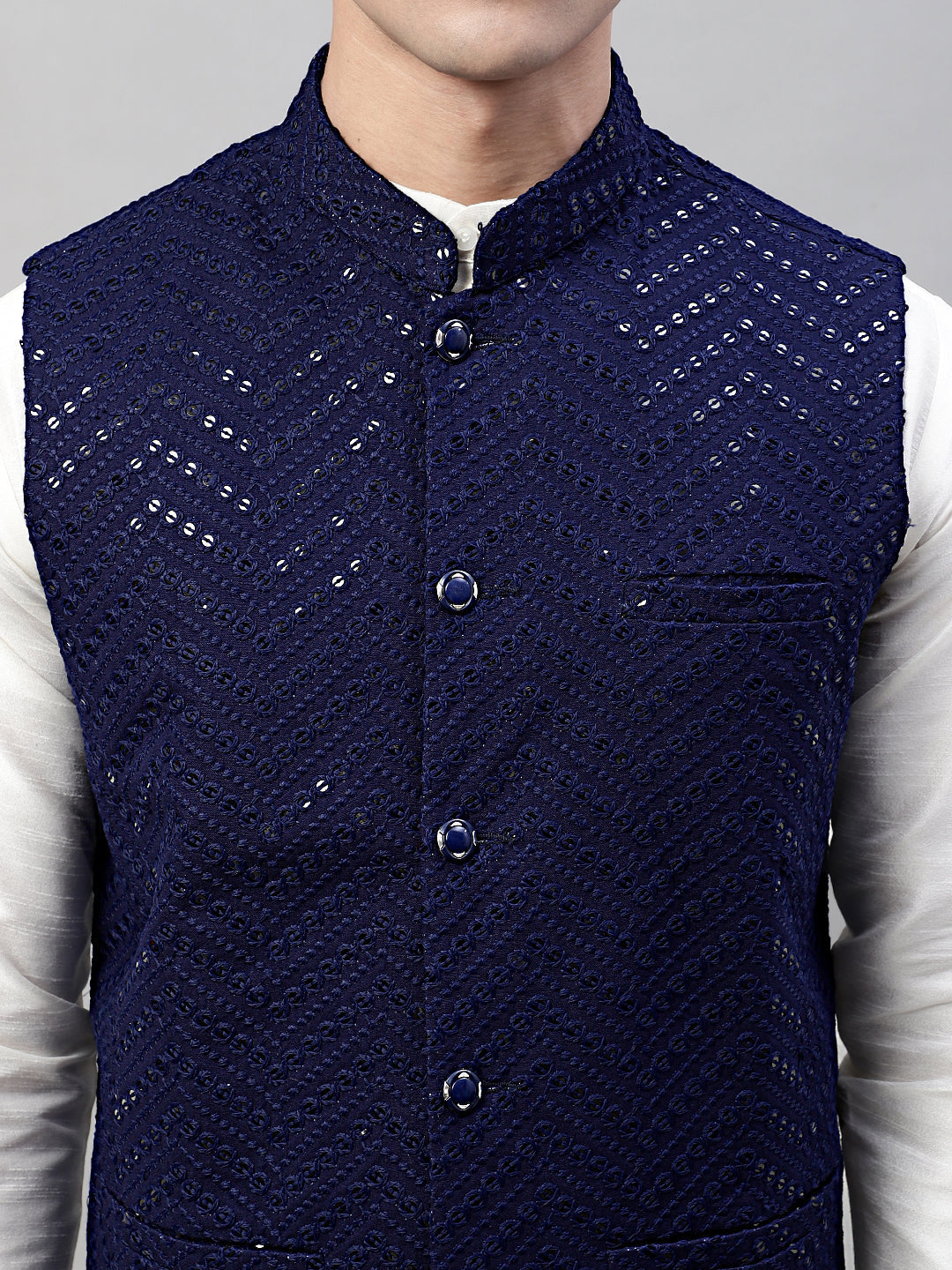 Jompers Men's Sequins Embroidered Rayon Nehru Jacket - Navy Blue - Distacart