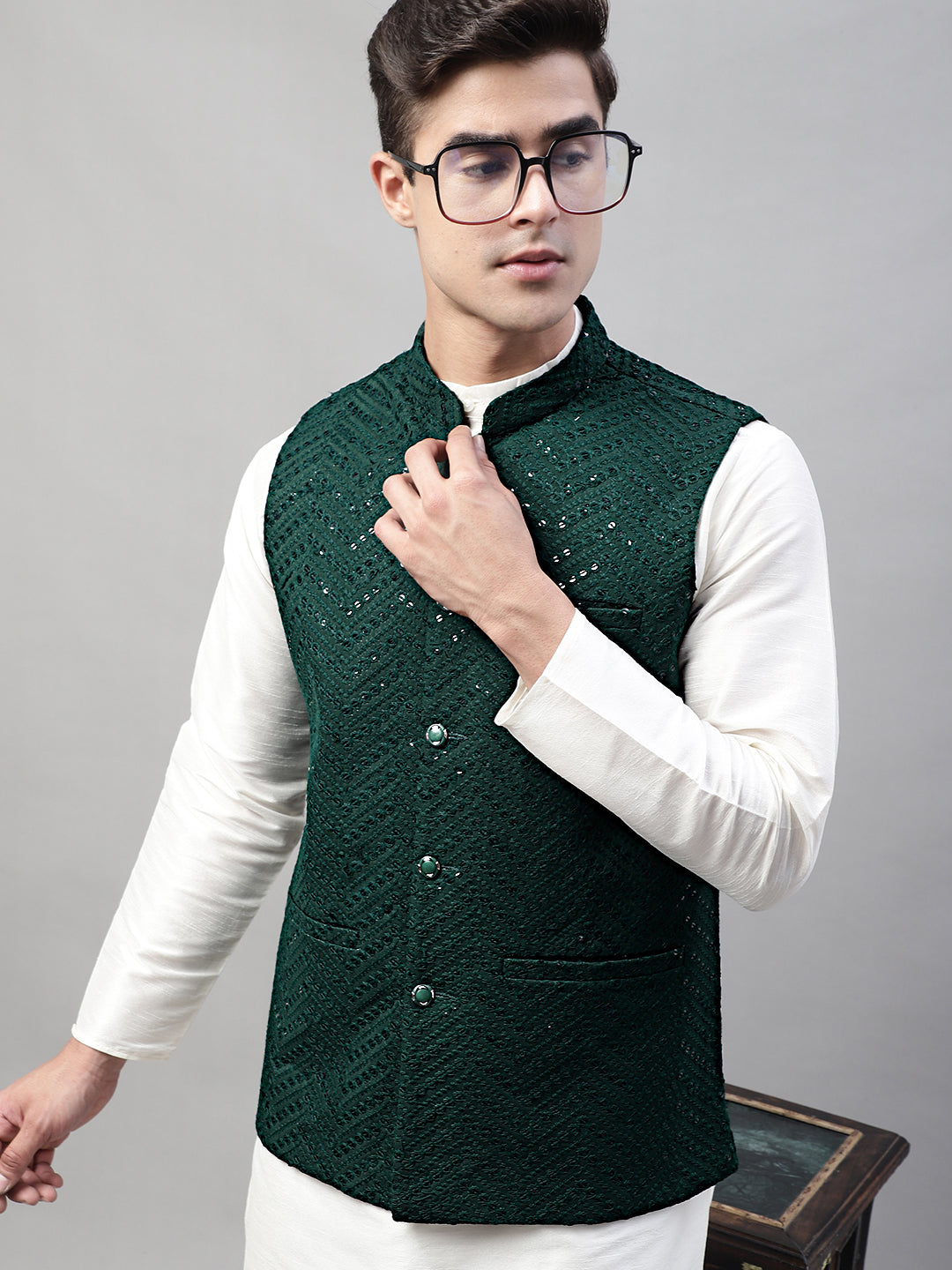 Jompers Men's Sequins Embroidered Rayon Nehru Jacket - Olive - Distacart