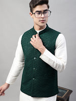 Thumbnail for Jompers Men's Sequins Embroidered Rayon Nehru Jacket - Olive - Distacart