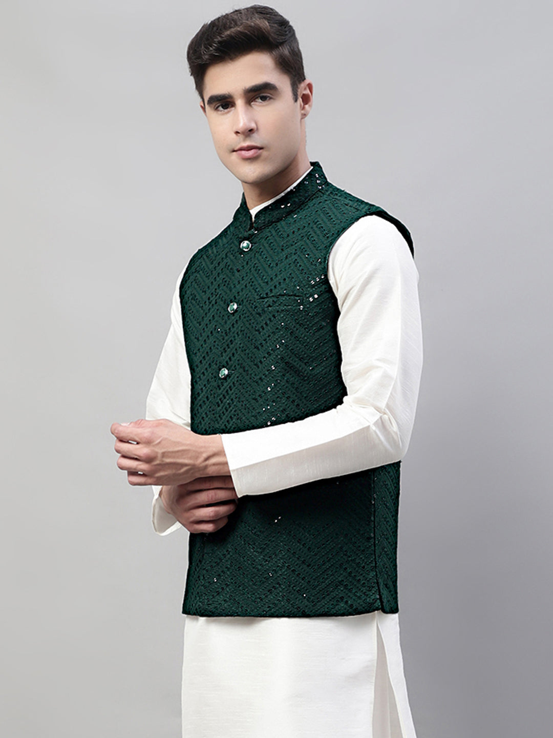 Jompers Men's Sequins Embroidered Rayon Nehru Jacket - Olive - Distacart