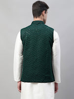 Thumbnail for Jompers Men's Sequins Embroidered Rayon Nehru Jacket - Olive - Distacart