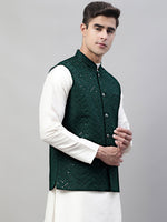 Thumbnail for Jompers Men's Sequins Embroidered Rayon Nehru Jacket - Olive - Distacart