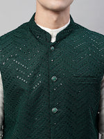 Thumbnail for Jompers Men's Sequins Embroidered Rayon Nehru Jacket - Olive - Distacart