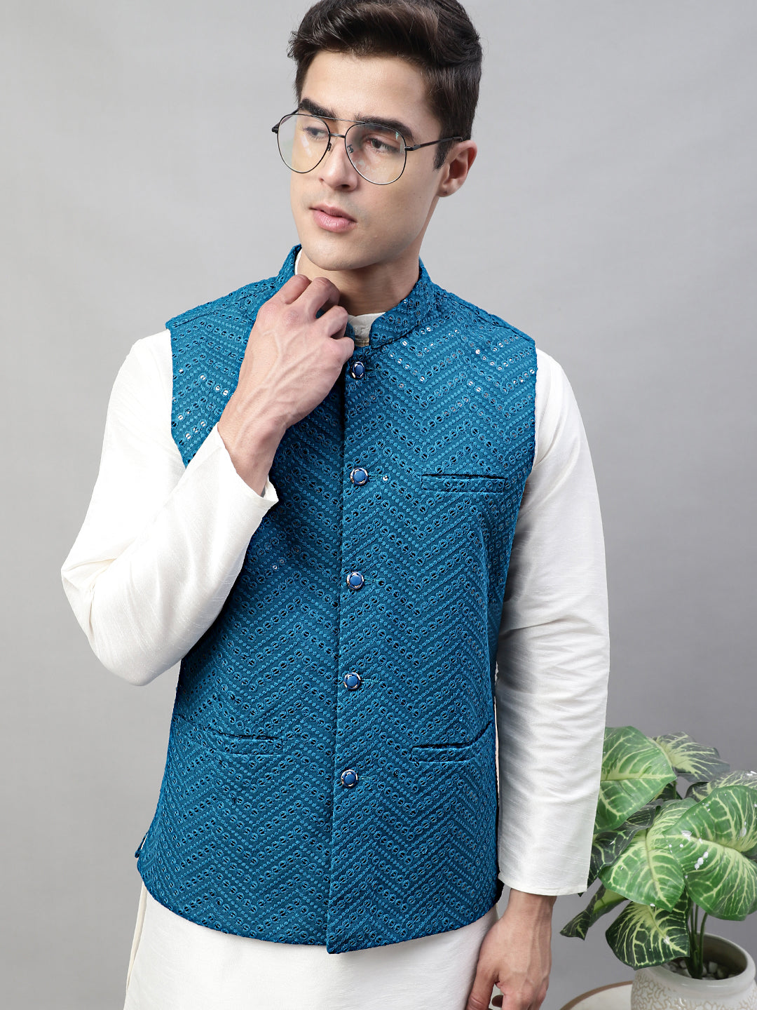 Jompers Men's Sequins Embroidered Rayon Nehru Jacket - Peacock - Distacart