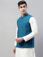 Thumbnail for Jompers Men's Sequins Embroidered Rayon Nehru Jacket - Peacock - Distacart