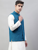Thumbnail for Jompers Men's Sequins Embroidered Rayon Nehru Jacket - Peacock - Distacart