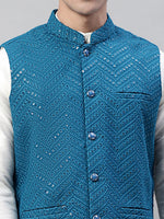 Thumbnail for Jompers Men's Sequins Embroidered Rayon Nehru Jacket - Peacock - Distacart