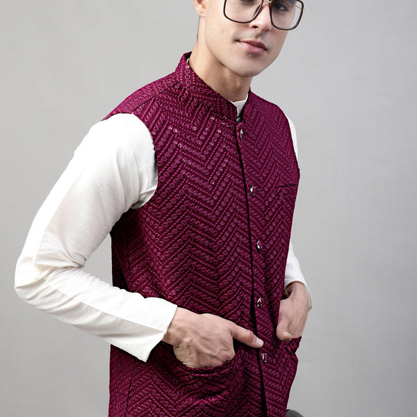 Jompers Men's Sequins Embroidered Rayon Nehru Jacket - Purple - Distacart