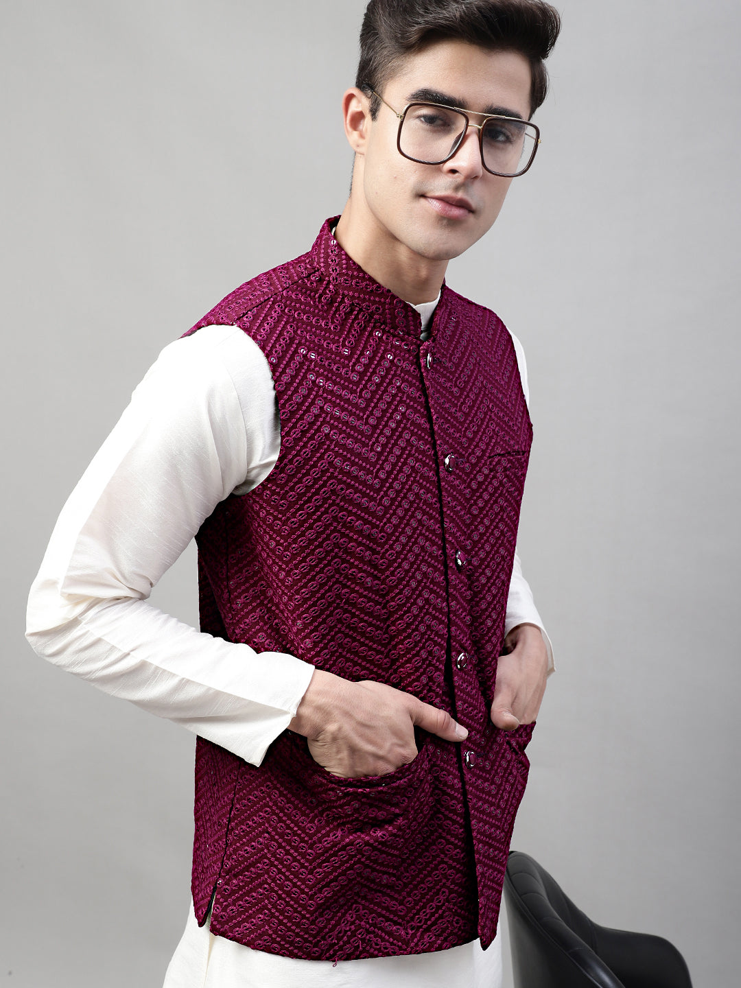 Jompers Men's Sequins Embroidered Rayon Nehru Jacket - Purple - Distacart