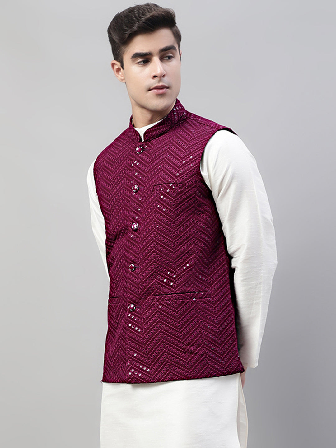 Jompers Men's Sequins Embroidered Rayon Nehru Jacket - Purple - Distacart