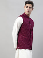 Thumbnail for Jompers Men's Sequins Embroidered Rayon Nehru Jacket - Purple - Distacart
