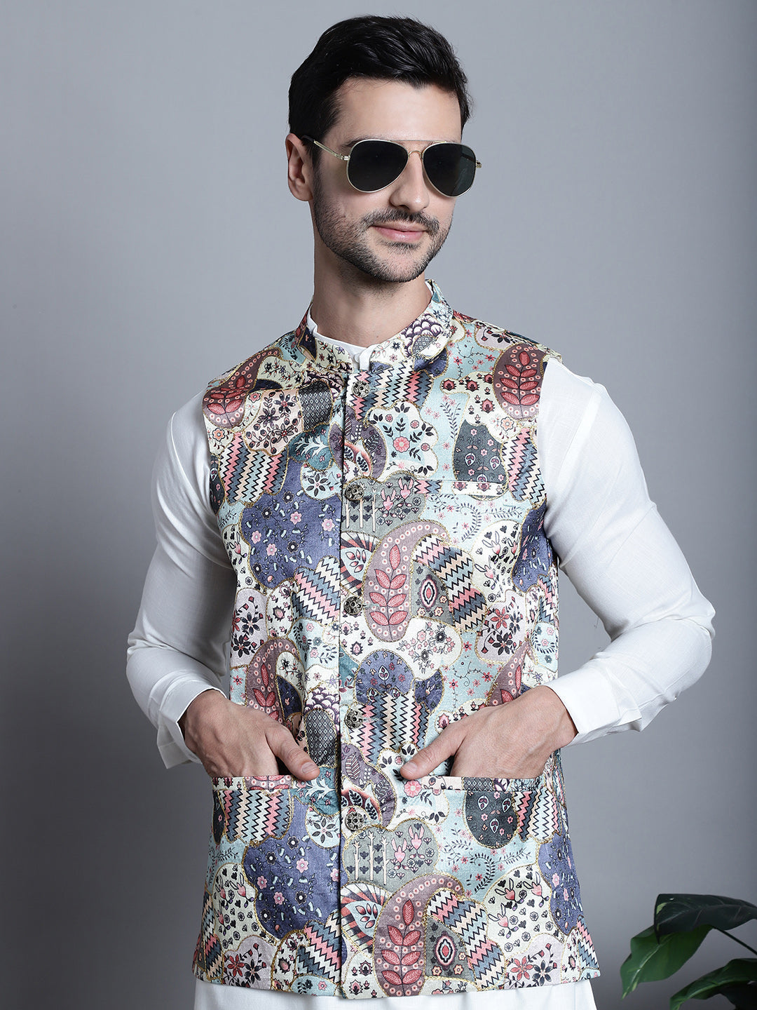 Jompers Men's Printed With Zari Work Nehru Jacket - Blue - Distacart