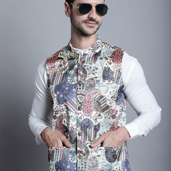 Jompers Men's Printed With Zari Work Nehru Jacket - Blue - Distacart