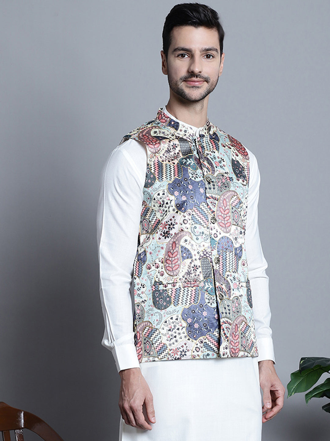 Jompers Men's Printed With Zari Work Nehru Jacket - Blue - Distacart