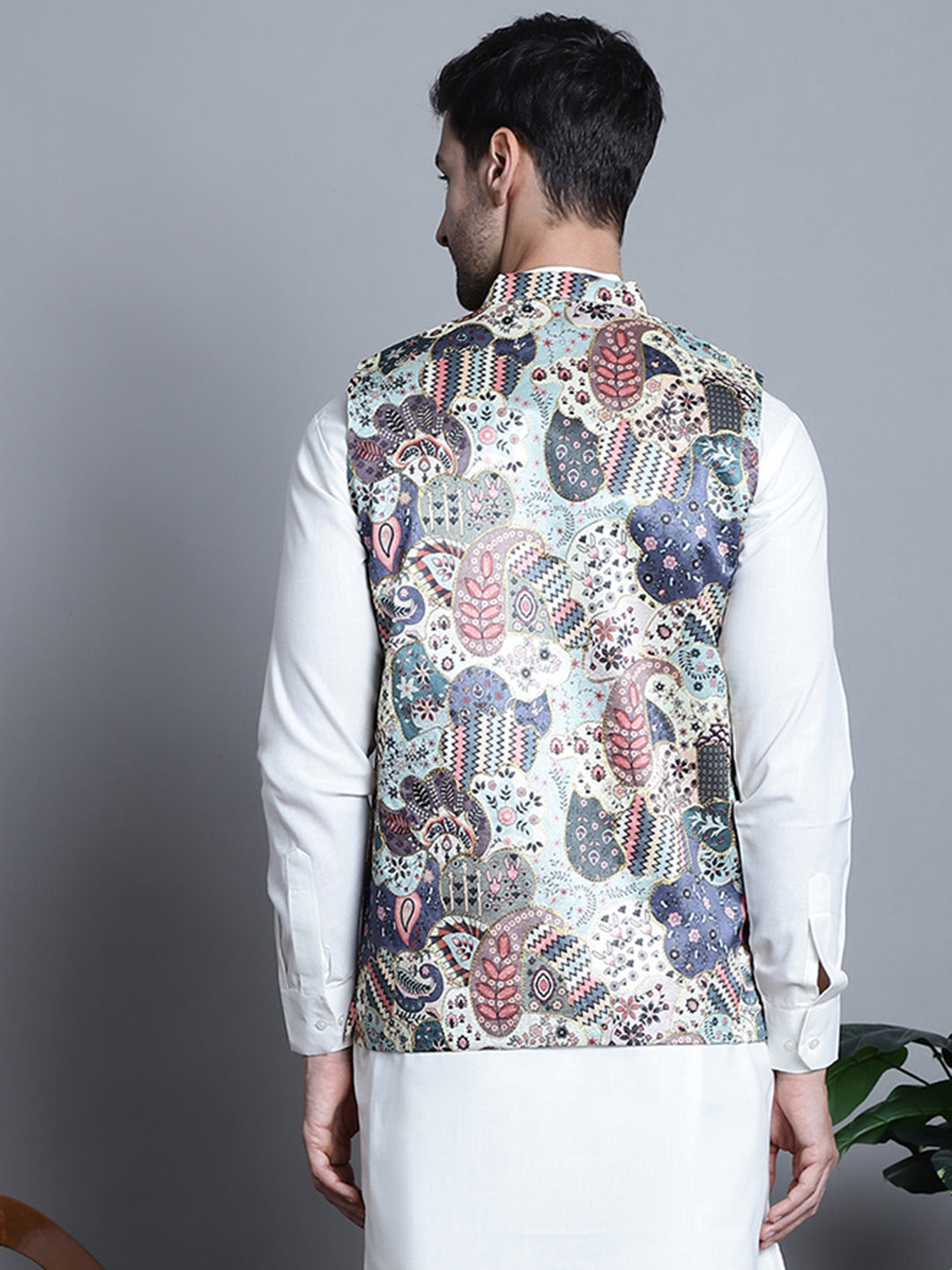 Jompers Men's Printed With Zari Work Nehru Jacket - Blue - Distacart