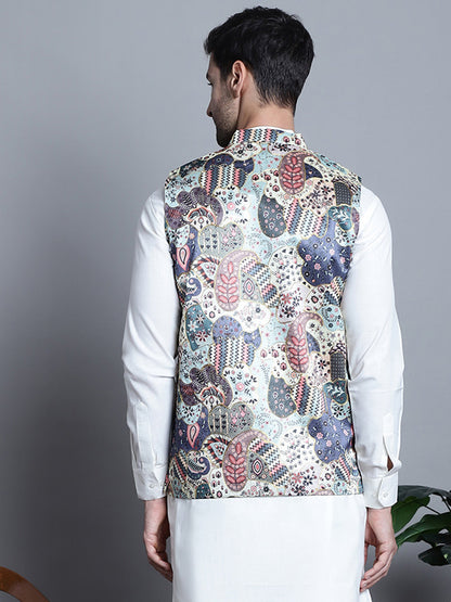 Jompers Men's Printed With Zari Work Nehru Jacket - Blue - Distacart