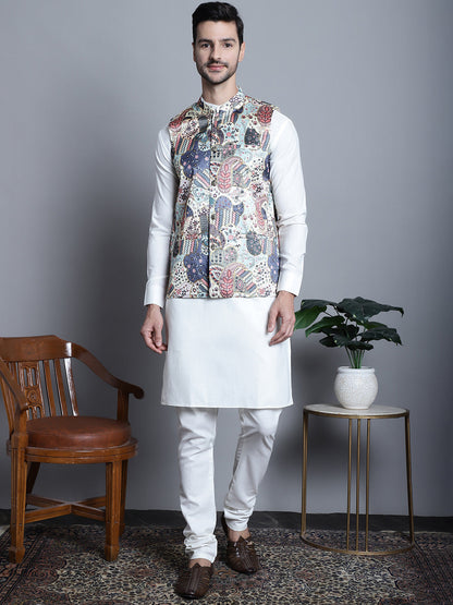 Jompers Men's Printed With Zari Work Nehru Jacket - Blue - Distacart