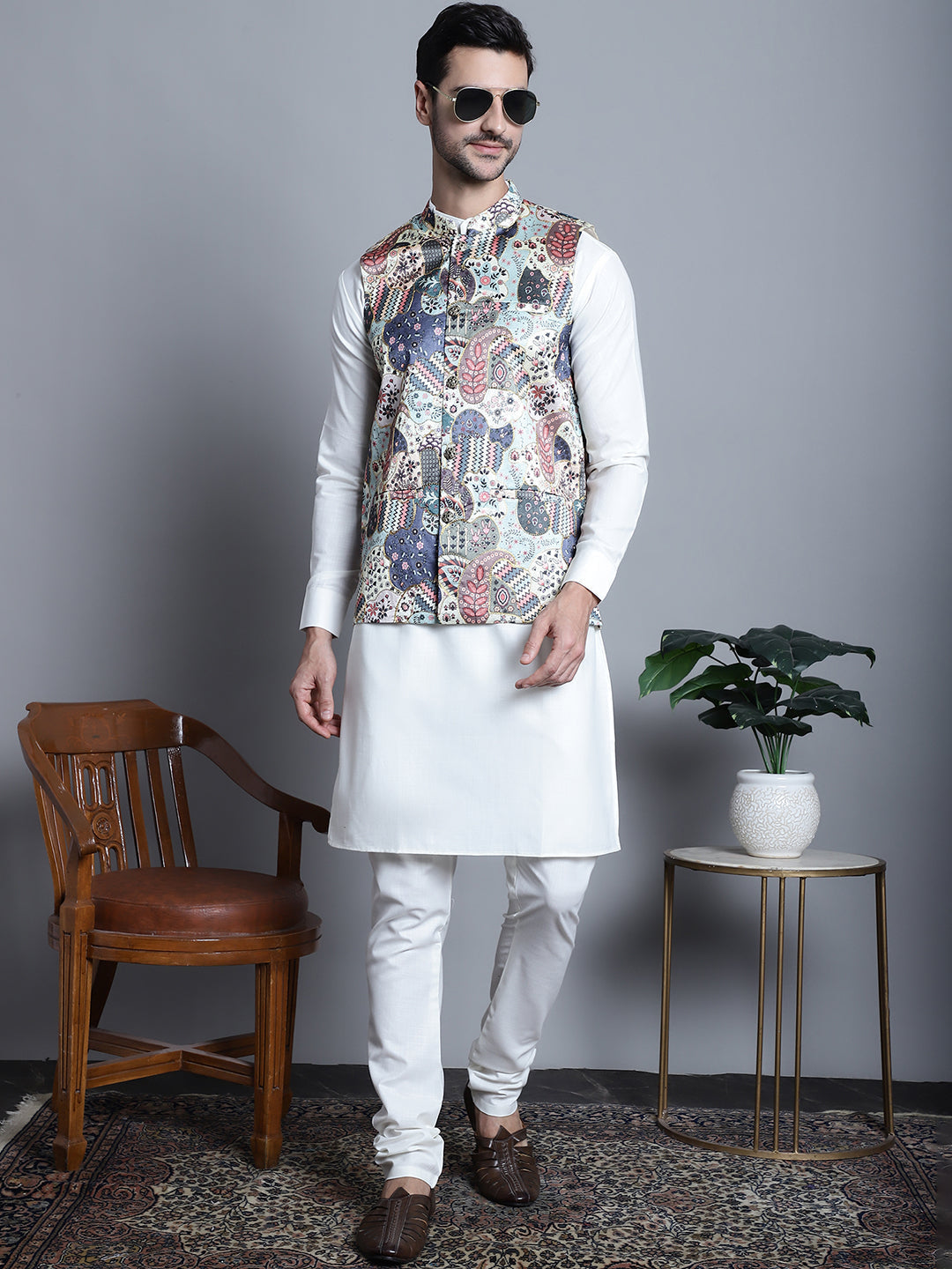 Jompers Men's Printed With Zari Work Nehru Jacket - Blue - Distacart
