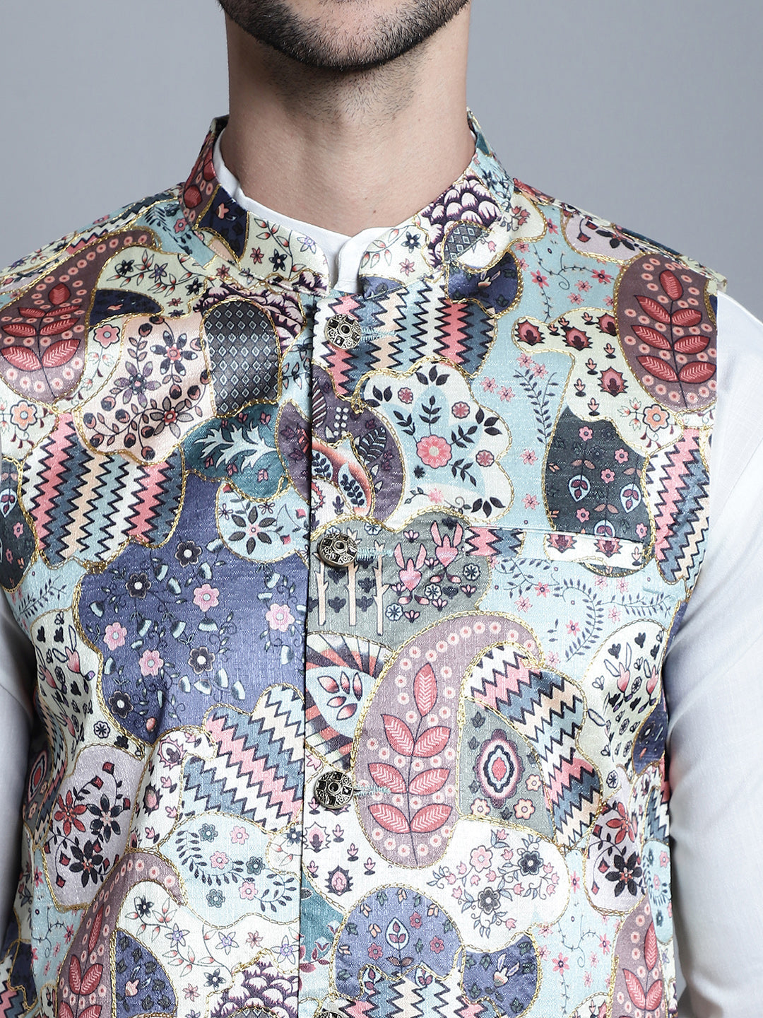 Jompers Men's Printed With Zari Work Nehru Jacket - Blue - Distacart
