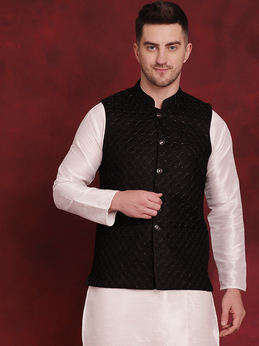 Jompers Men's Black Woven Design Nehru Jacket - Distacart