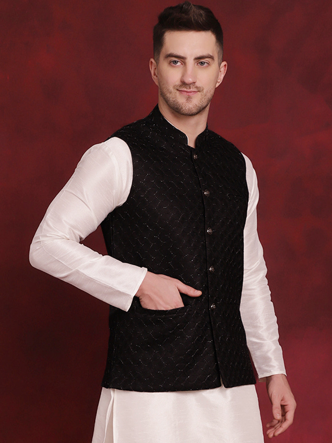 Jompers Men's Black Woven Design Nehru Jacket - Distacart