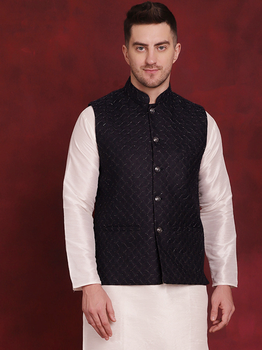 Jompers Men's Navy Blue Woven Design Nehru Jacket - Distacart