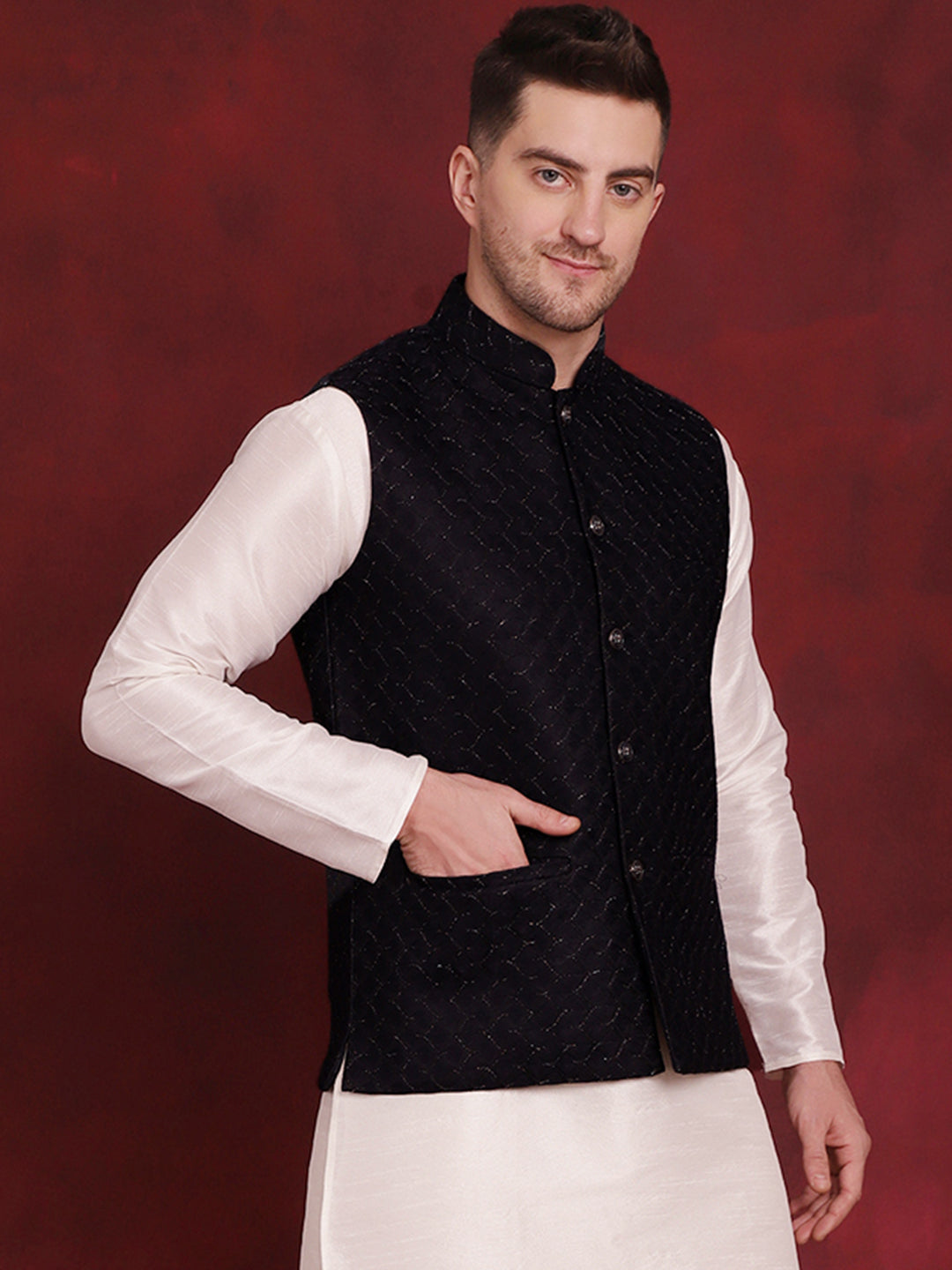 Jompers Men's Navy Blue Woven Design Nehru Jacket - Distacart