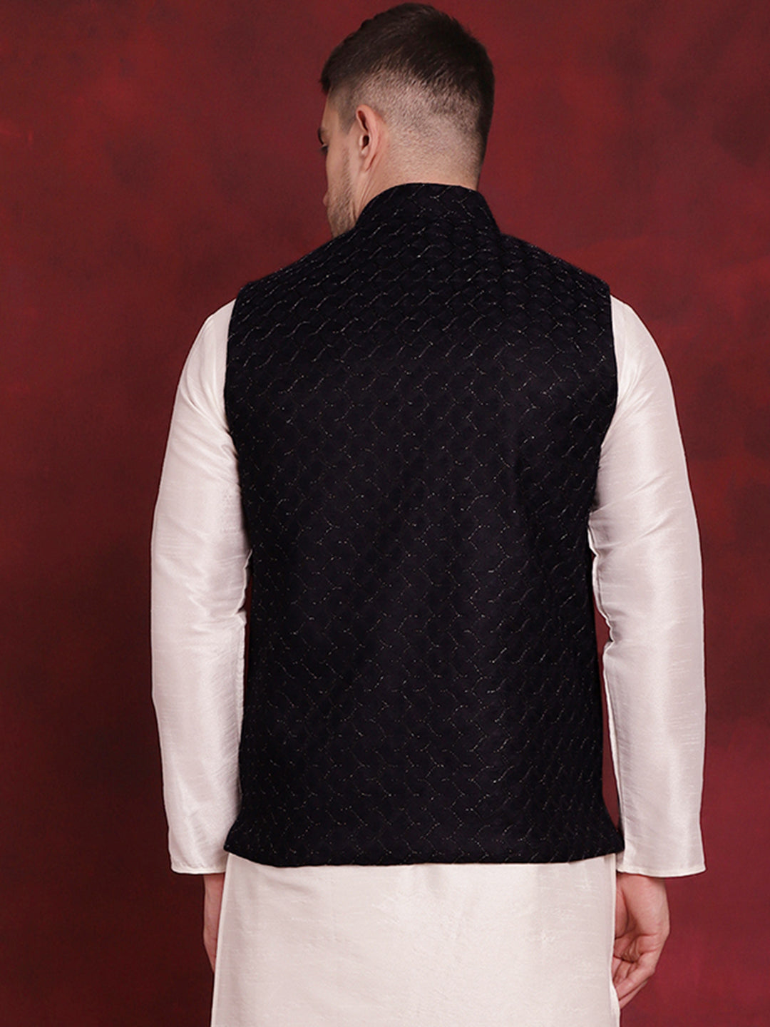 Jompers Men's Navy Blue Woven Design Nehru Jacket - Distacart