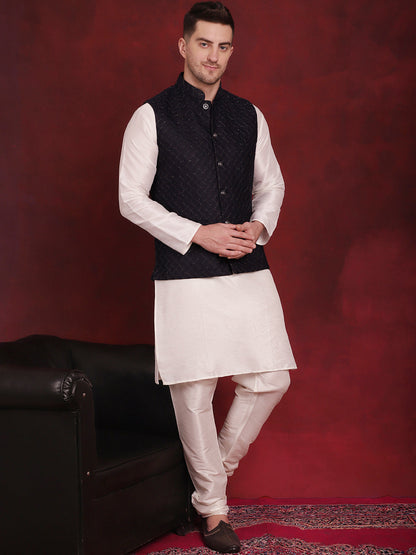 Jompers Men's Navy Blue Woven Design Nehru Jacket - Distacart